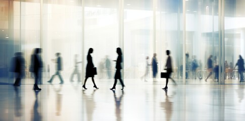 Beautiful motion blur of people walking in the morning rush hour, busy modern life concept.