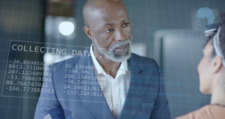 Image of financial data processing over diverse business people in office - obrazy, fototapety, plakaty