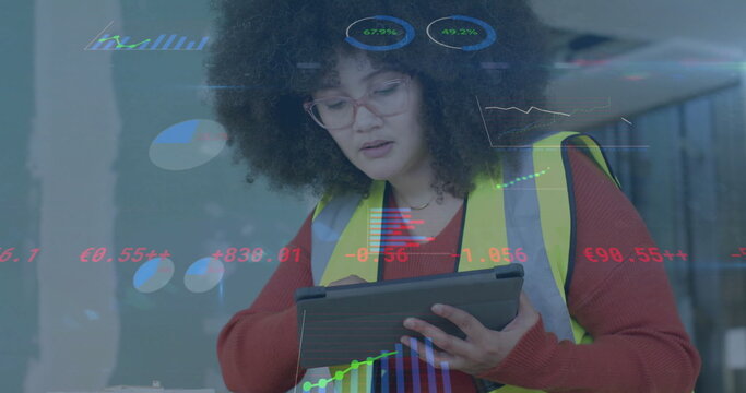 Image of data processing over biracial female engineer in hi vis vest