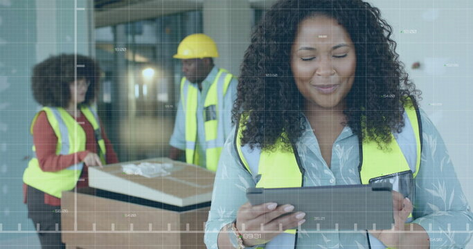Image of data processing over biracial female engineer in hi vis vest using tablet