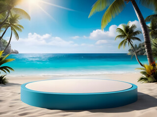 Fototapeta na wymiar 3d rendering blue Podium stage on summer beach landscape background with tropical palm trees 