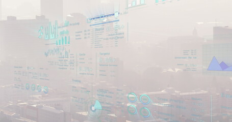 Image of financial data processing over cityscape