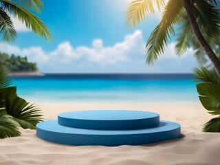 photo 3d rendering Summer 3d podium with copy space for product display presentation on blue beach background