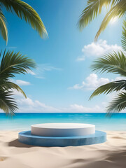 photo 3d rendering Summer 3d podium with copy space for product display presentation on blue beach background