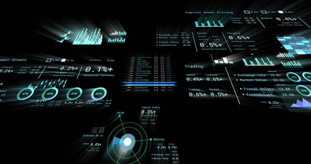 Image of financial data processing with numbers over black background