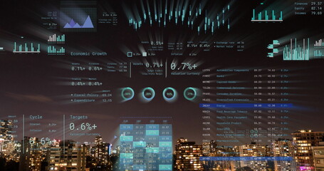 Image of financial data processing over cityscape