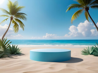 3d rendering white podium stage on summer beach landscape background with tropical green leaves