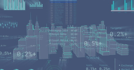 Image of financial data processing over 3d city model