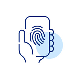 Fingerprint protected user profile. Smartphone in hand. Pixel perfect, editable stroke icon