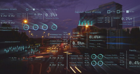 Image of financial data processing over city - Powered by Adobe