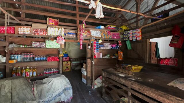 Panoramic interior view of a local village shop in Masoala, Madagascar.