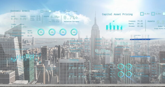 Image of financial data processing over cityscape