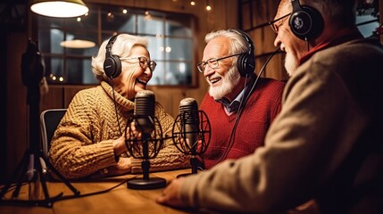 aged old 70s family couple doing podcast, wearing headphones speaking in professional stand microphone, recording podcast