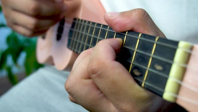 Man mid 30 and with bead is playing and whistling with his pink ukulele next to a big window and close to a green plant. Music is one form of art that can soothe the soul and make us feel better