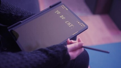 Young woman is thinking about a list of things to do, which she is writing on a tablet. Consideration of the tasks and needs of a young adult during an evening at home