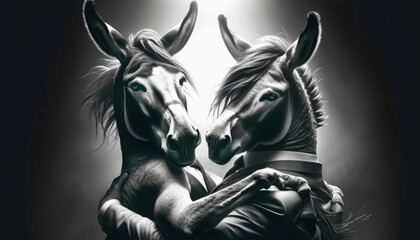 Obraz na płótnie Canvas Two donkeys elegantly dancing the tango, AI-generated.