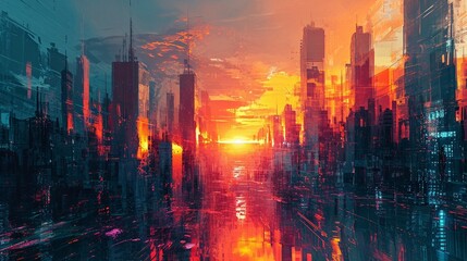 oil painting of sunset over the city generated by AI tool