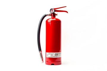 red fire extinguisher for safety and emergency protection, with white background, metal container, and handle for extinguishing flames