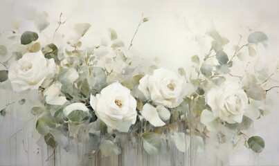 White roses with eucalyptus branches on a white background Generative AI