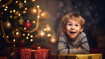 Fototapeta na wymiar Surprised little boy with gift box and christmas tree on background Generative AI
