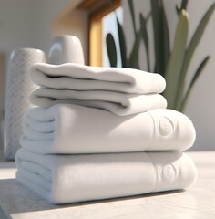 Towels neatly stacked white and gray in a spa-like arrangement,bathroom,hotel