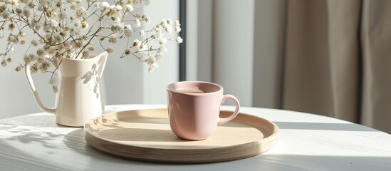 The Perfect Scandinavian Interior: Wood Tray, Pink Cup, and Engaging Scandinavian Interior - obrazy, fototapety, plakaty