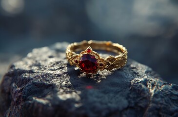 AI-generated illustration of a beautiful ring with a red stone elegantly placed on a rock surface