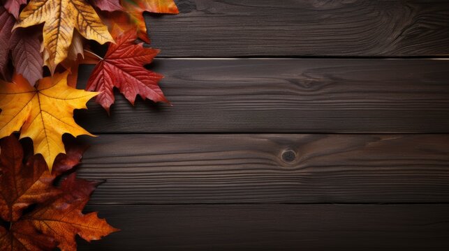 Autumn leaves on wooden background with copy space. Top view. Generative AI