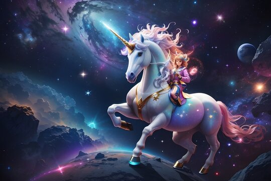Unleash cosmic enchantment! Our image portrays a unicorn exploring space amidst galaxies and nebulae. A magical fusion of mystique and cosmic wonders awaits in this captivating scene.