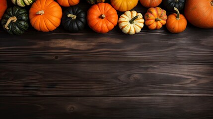 Autumn pumpkins on dark wooden background. Halloween or Thanksgiving background Generative AI