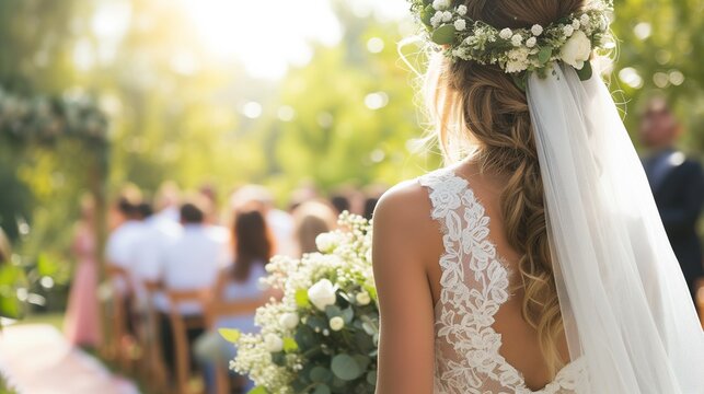 a beautiful blonde bride in a bridally - looking dress and floral crown,