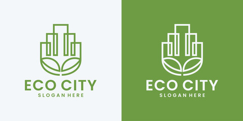 modern leaf city building logo, eco city green city monoline logo design - obrazy, fototapety, plakaty