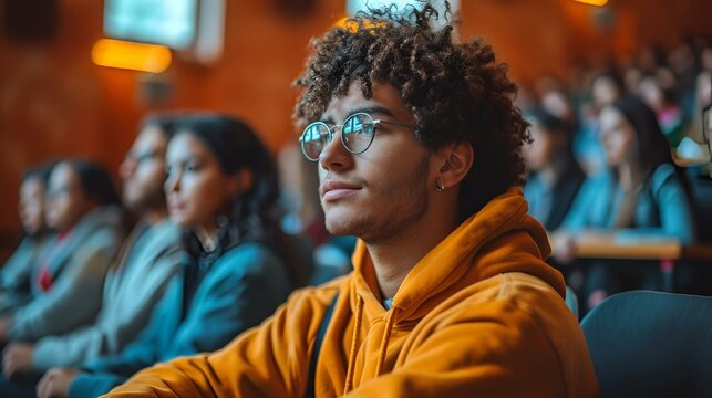 a group of people sitting in a classroom and looking at something
