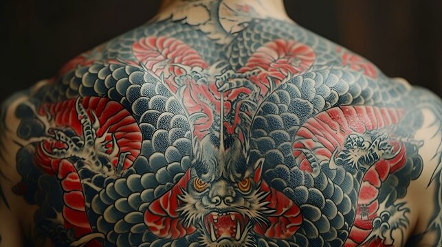 a man with a japanese tattoo on his back is pictured