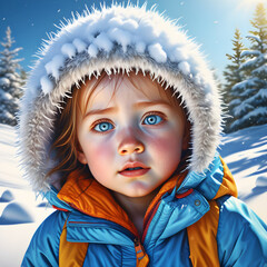 a young child with red hair, blue eyes, and ruddy cheeks plays outside in the snow in the forest outdoors, wearing a blue and orange jacket with a fur-lined hood covered in snow