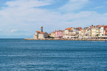 Ocean view with historic cityscape of Piran on cliff