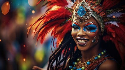 portrait of a woman in a costume and a headdress with feathers at a traditional Brazilian carnival, Brazilian dancing and music at the festival
