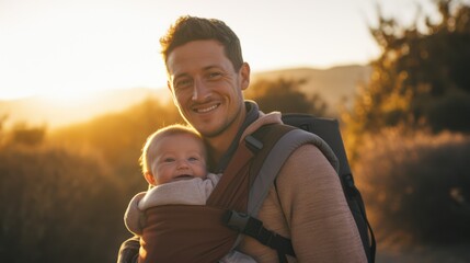 Young father with his adorable baby boy at sunset. Family travel concept. Generative AI - obrazy, fototapety, plakaty