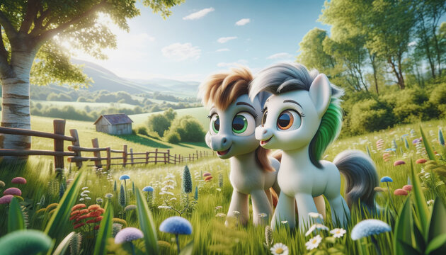 AI generated illustration of two adorable cartoon ponies standing by a fence in a lush grassy meadow