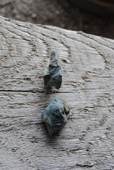 Low grade blue turquoise stones sitting against a wooden background