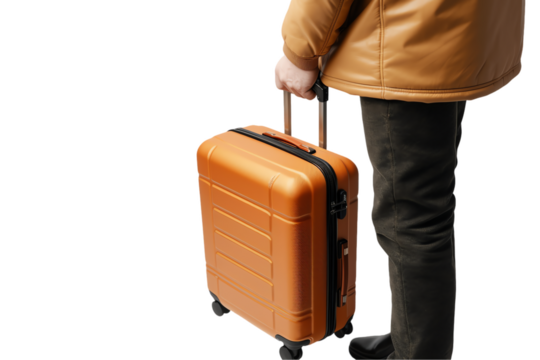 Smiling man and woman with luggage at the airport, ready for their travel journey