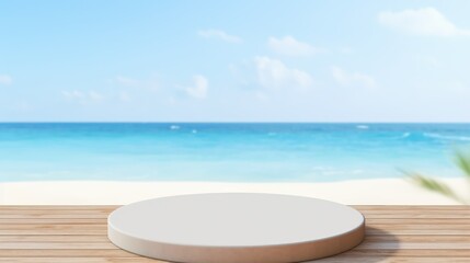 Obraz premium Wooden podium on the beach with sea background