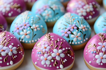 Fototapeta na wymiar easter egg shaped cookies with colorful icing and painting floral ornament