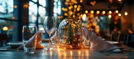 Christmas decoration with fairy lights and paper napkins placed under glass dome on cafe table. - obrazy, fototapety, plakaty