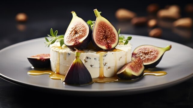 Camembert cheese with figs and honey on a black background Generative AI