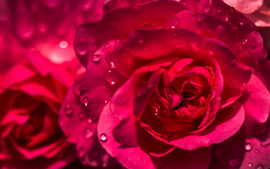 Background of red roses with dew drops. Macro flowers backdrop for holiday design
