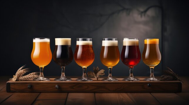 Glasses of different beer on a wooden table, dark background. Generative AI