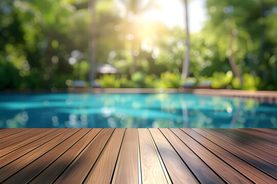 Wooden deck with a swimming pool and outdoor garden set in a tropical landscape. The wood deck pool is surrounded by a lush tropical forest with palm trees.