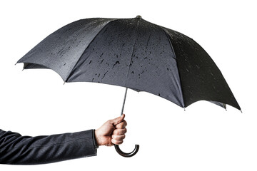 Businessman holds open black umbrella under the raining sky to provide protection and safety