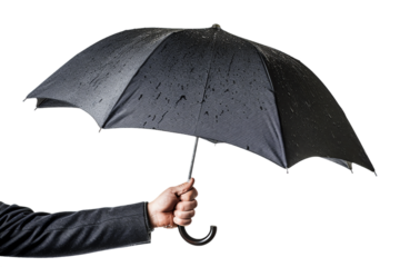 Businessman holds open black umbrella under the raining sky to provide protection and safety